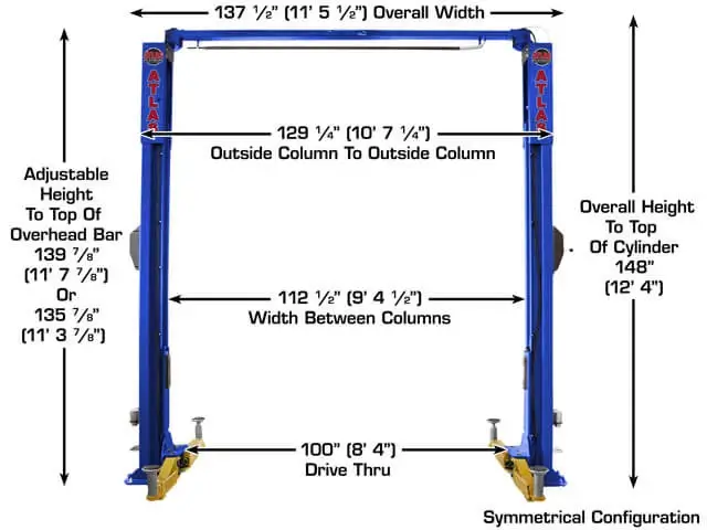 ATLAS Platinum PVL-10 ALI Certified 10,000 Lbs. Symmetric/Asymmetric Adjustable Height 2 Post Overhead Car Lift