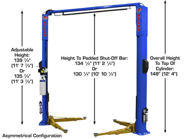 ATLAS Platinum PVL-10 ALI Certified 10,000 Lbs. Symmetric/Asymmetric Adjustable Height 2 Post Overhead Car Lift